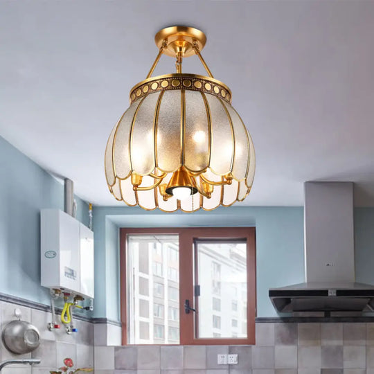 Retro Style Brass Finish Ceiling Lamp - Sphere Semi Flush Light With Frosted Glass Pull Chain And 1