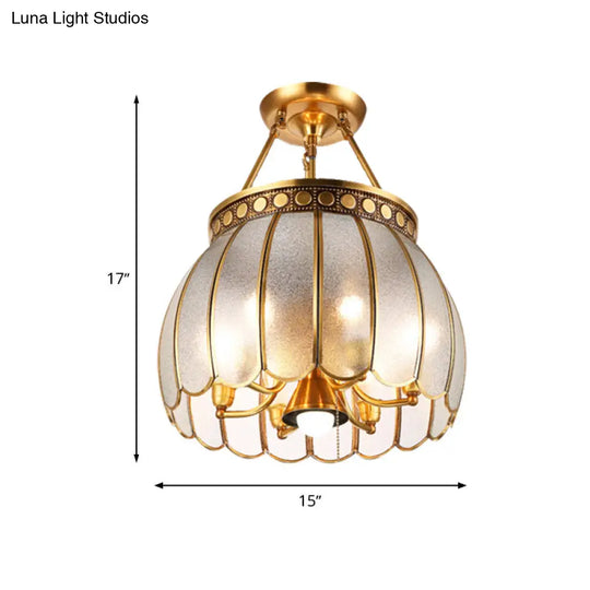 Retro Style Brass Finish Ceiling Lamp - Sphere Semi Flush Light With Frosted Glass Pull Chain And 1