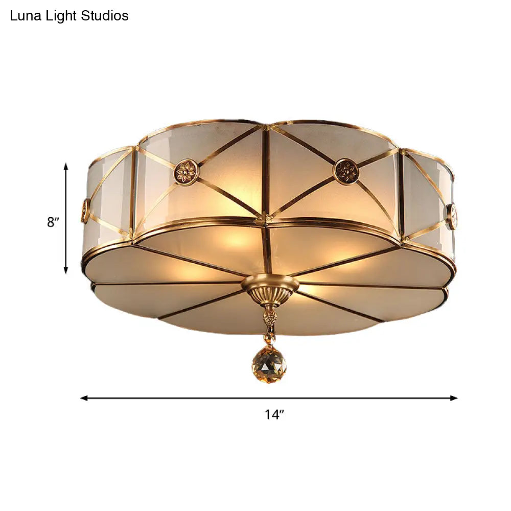 Retro Style Brass Finish Floral Flush Ceiling Lamp - 14’/18’ Opal White Glass Crystal Drop