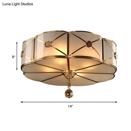 Retro Style Brass Finish Floral Flush Ceiling Lamp - 14’/18’ Opal White Glass Crystal Drop