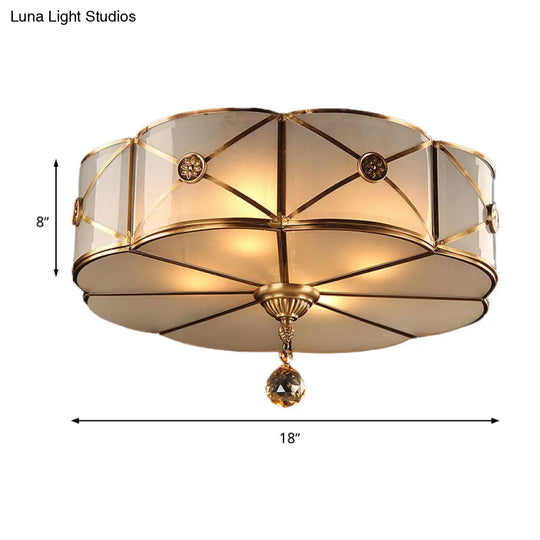 Retro Style Brass Finish Floral Flush Ceiling Lamp - 14’/18’ Opal White Glass Crystal Drop