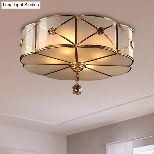 Retro Style Brass Finish Floral Flush Ceiling Lamp - 14/18 Opal White Glass Crystal Drop