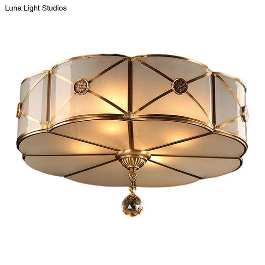 Retro Style Brass Finish Floral Flush Ceiling Lamp - 14’/18’ Opal White Glass Crystal Drop