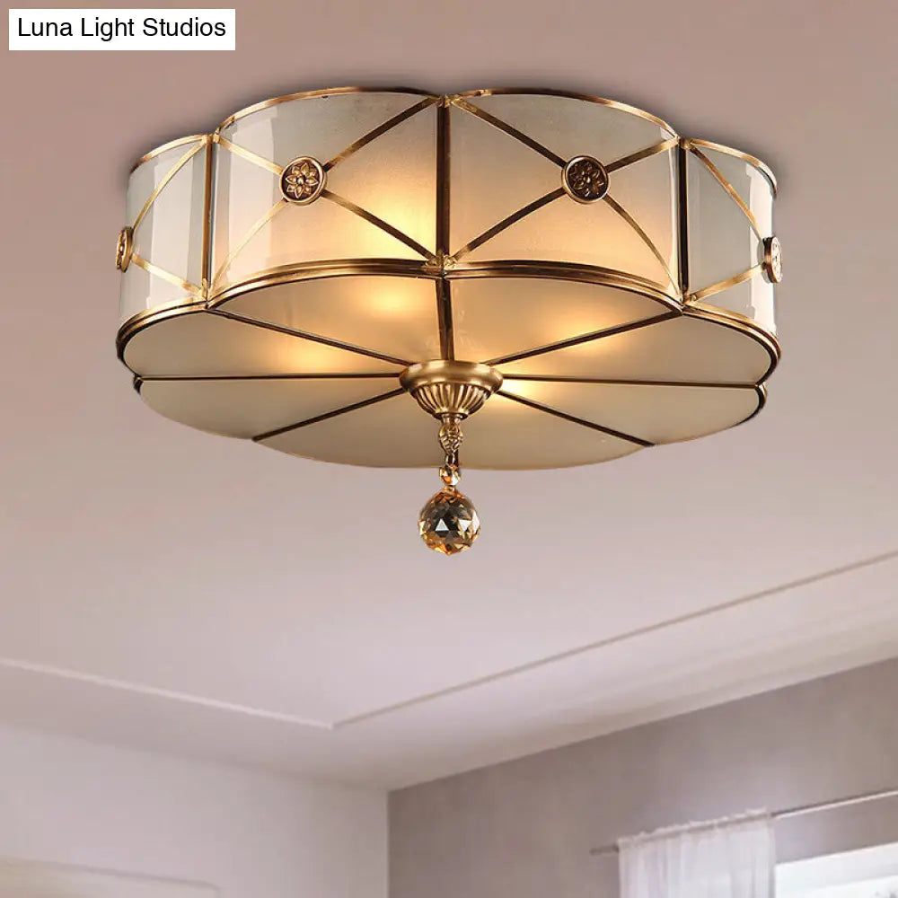 Retro Style Brass Finish Floral Flush Ceiling Lamp - 14’/18’ Opal White Glass Crystal Drop