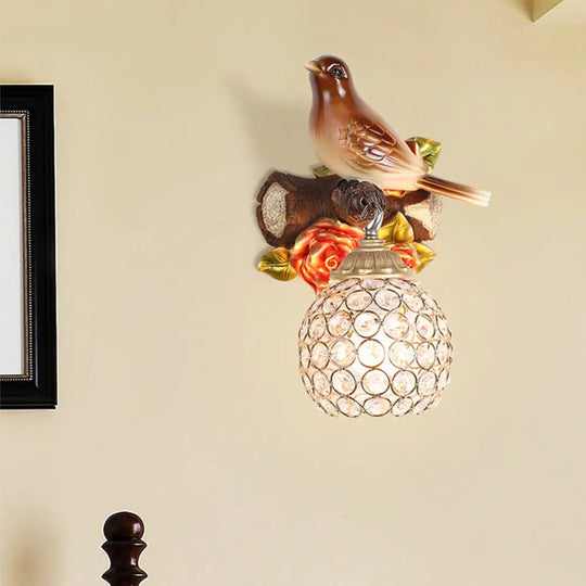 Retro Style Brown Wall Lamp With Crystal Encrusted Bubble Bird Design Single Bulb Left/Right Mount /