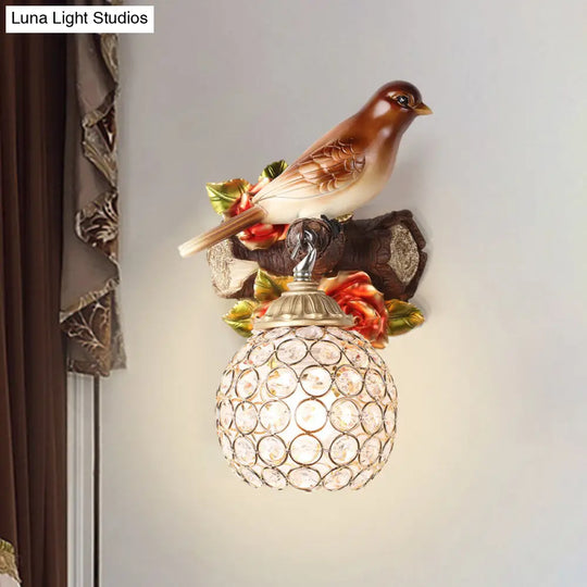 Retro Style Brown Wall Lamp With Crystal Encrusted Bubble Bird Design Single Bulb Left/Right Mount