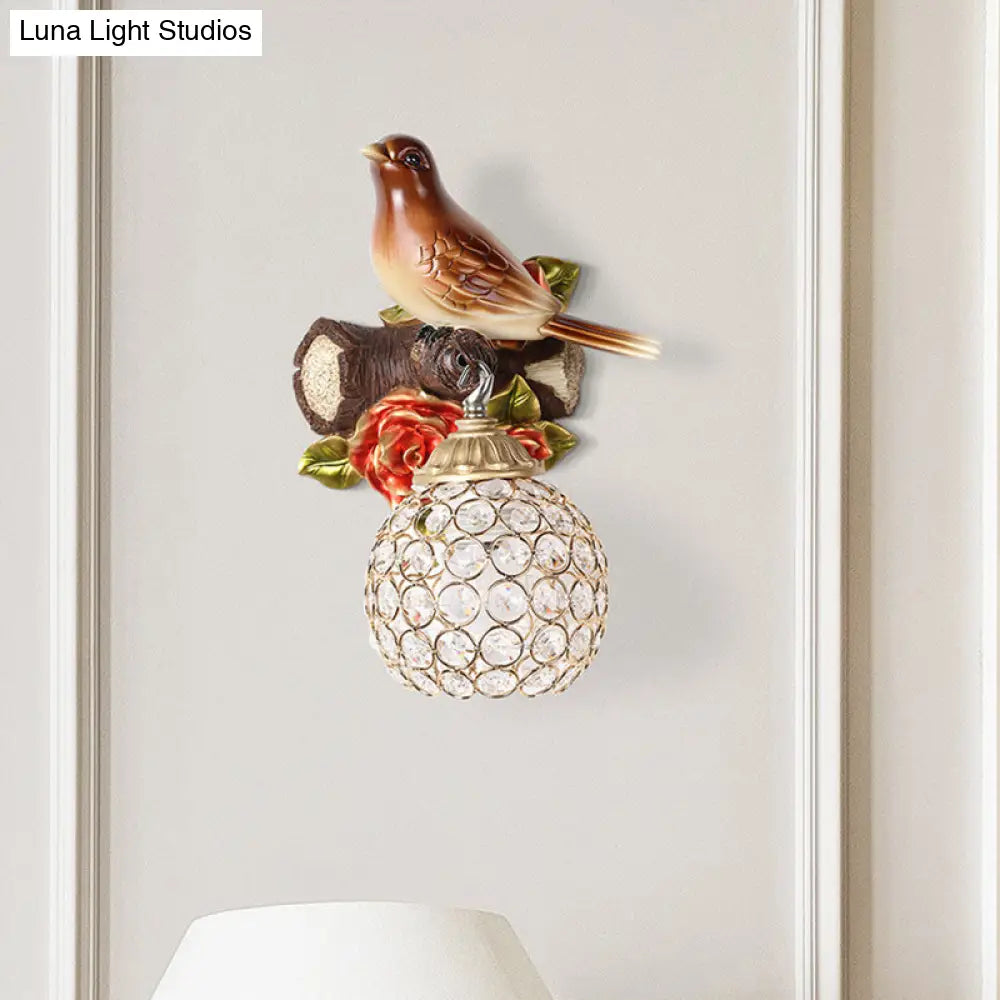 Retro Style Brown Wall Lamp With Crystal Encrusted Bubble Bird Design Single Bulb Left/Right Mount