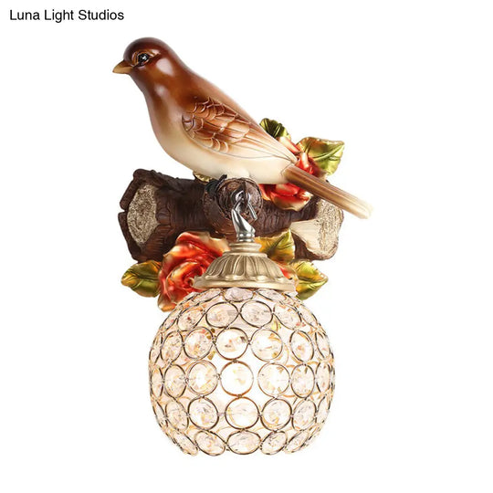 Retro Style Brown Wall Lamp With Crystal Encrusted Bubble Bird Design Single Bulb Left/Right Mount