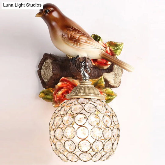 Retro Style Brown Wall Lamp With Crystal Encrusted Bubble Bird Design Single Bulb Left/Right Mount