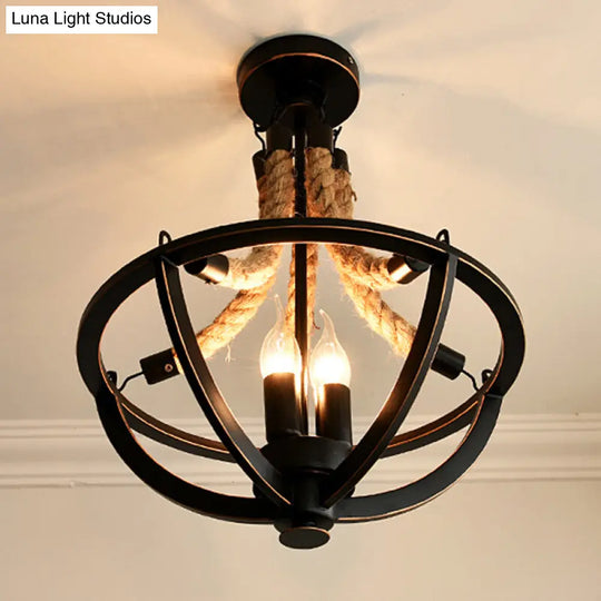 Retro Style Iron Pendant Light With 3 Bulbs And Hemp Rope - Chandelier Lighting