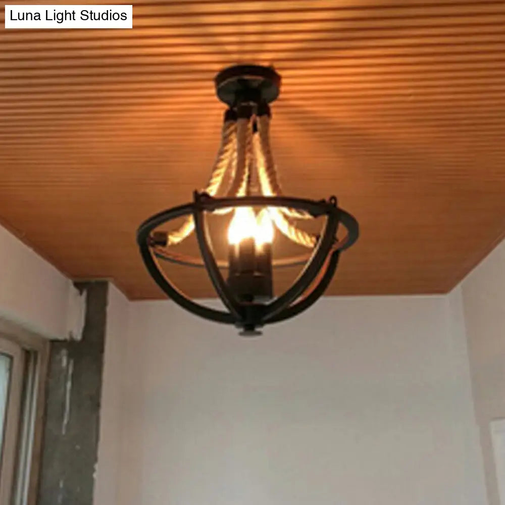 Retro Style Iron Pendant Light With 3 Bulbs And Hemp Rope - Chandelier Lighting