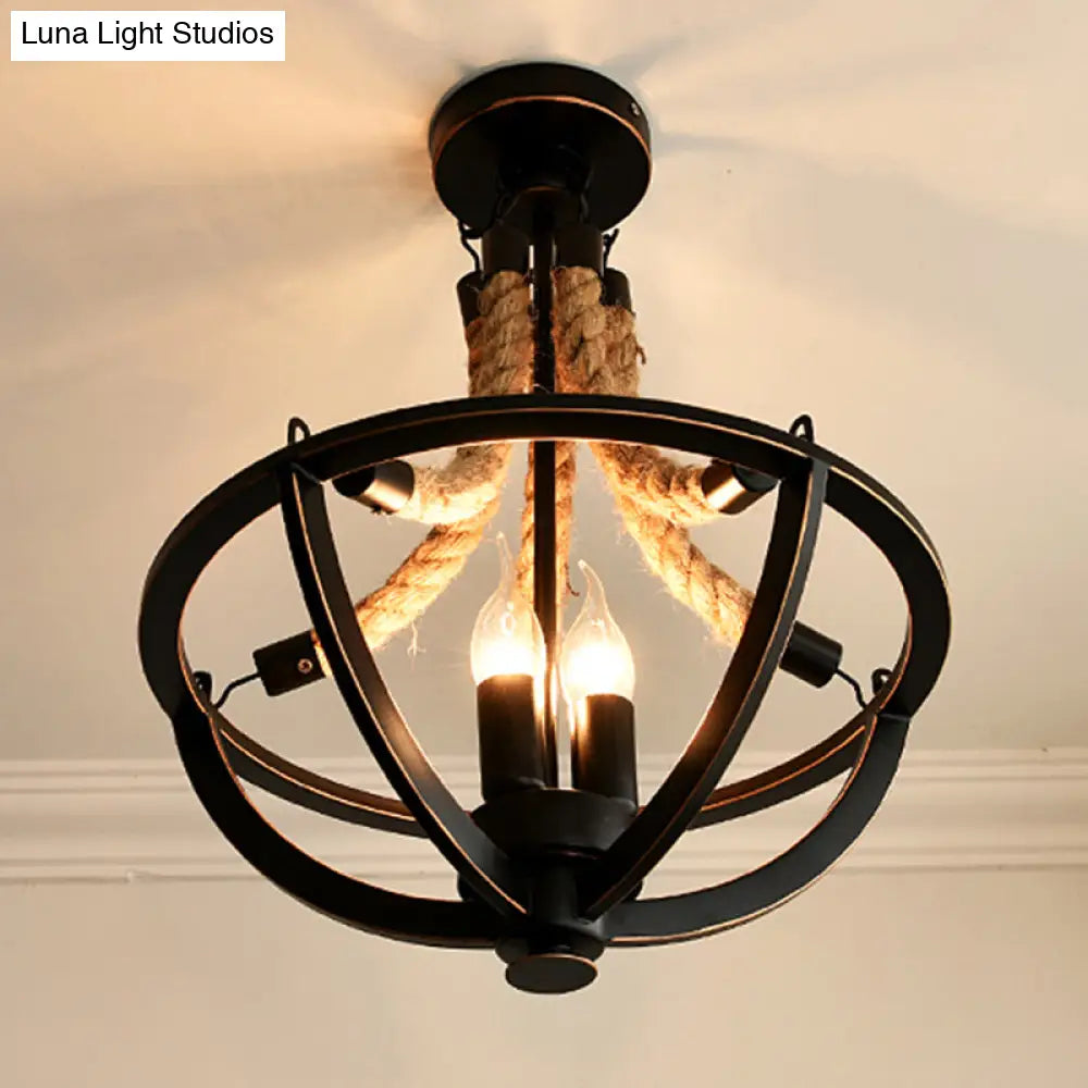 Retro-Style Chandelier Pendant Light With Hemp Rope And Iron Basket - Set Of 3 Bulbs