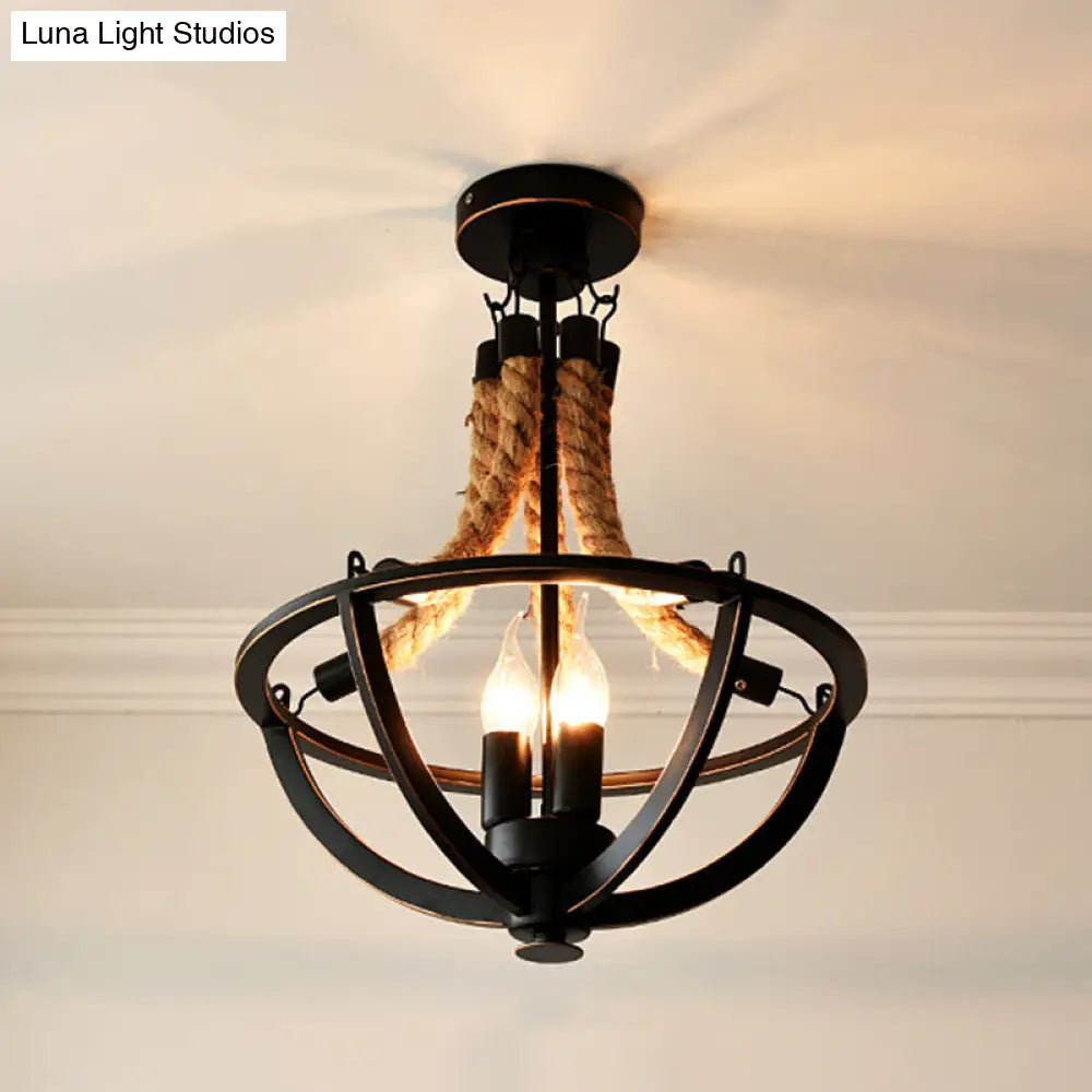 Retro Style Iron Pendant Light With 3 Bulbs And Hemp Rope - Chandelier Lighting Black