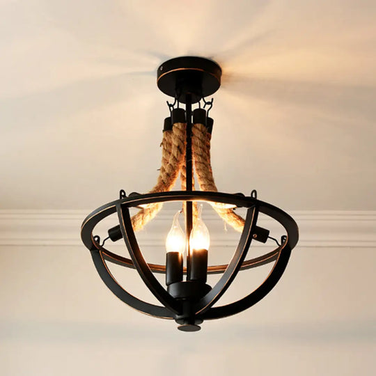 Retro-Style Chandelier Pendant Light With Hemp Rope And Iron Basket - Set Of 3 Bulbs Black