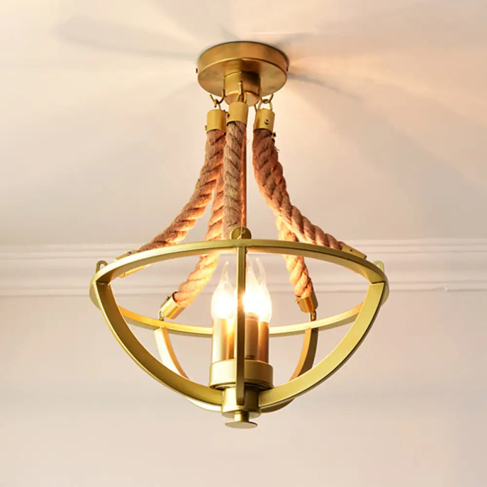Retro-Style Chandelier Pendant Light With Hemp Rope And Iron Basket - Set Of 3 Bulbs Gold