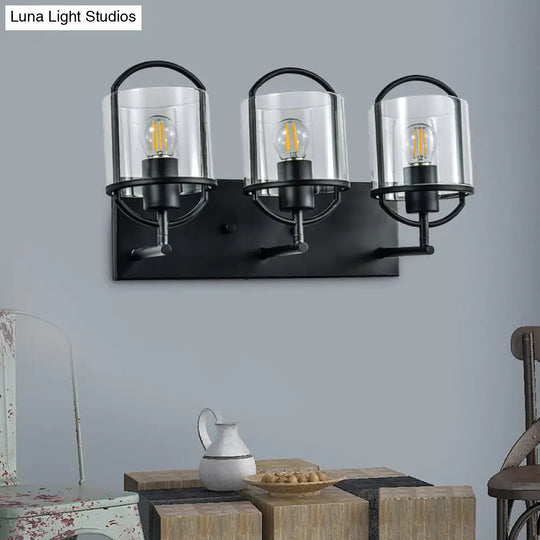 Retro Style Clear Glass Wall Light With Black Cylinder Shades - 3 Heads Oval Frame Design