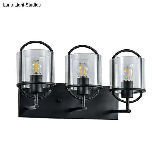 Retro Style Clear Glass Wall Light With Black Cylinder Shades - 3 Heads Oval Frame Design