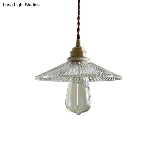 Retro Style Single Pendant Ceiling Light: Clear Ribbed Glass Conical Suspension For Dining Room