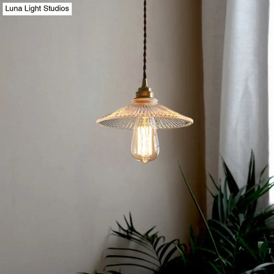 Retro Style Single Pendant Ceiling Light: Clear Ribbed Glass Conical Suspension For Dining Room