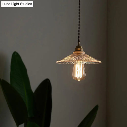 Retro Style Single Pendant Ceiling Light: Clear Ribbed Glass Conical Suspension For Dining Room