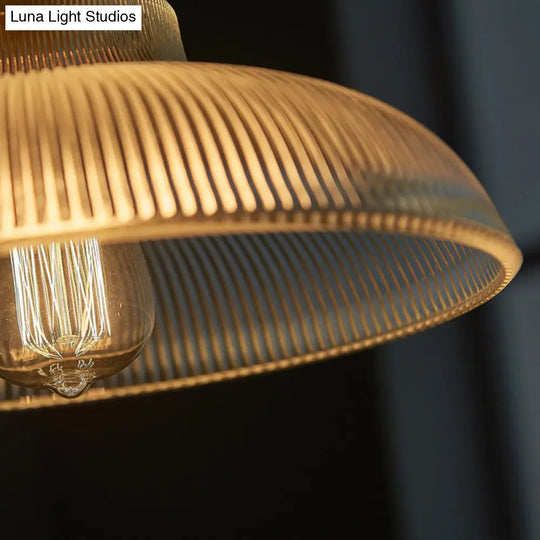 Retro Style Clear Ribbed Glass Pendant Lamp - Single-Bulb Hanging Light For Dining Room