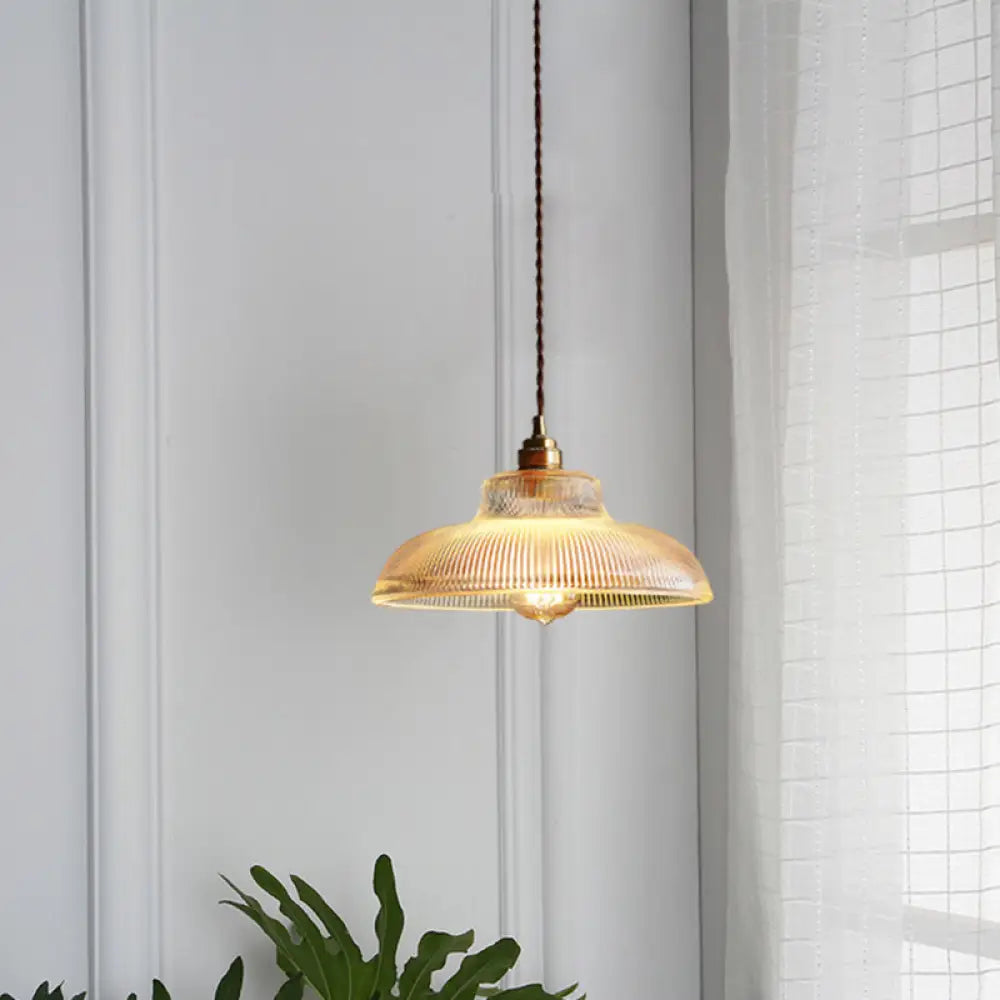 Retro Style Clear Ribbed Glass Pendant Lamp - Single-Bulb Hanging Light For Dining Room