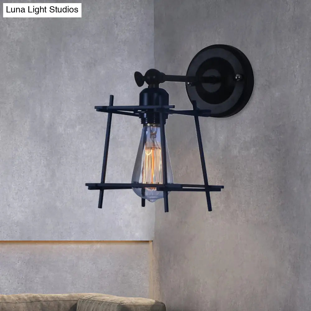 Retro Style Cubic Shade Metal Wall Sconce Lamp - 1 Head Light With Wire Guard In Black For Bedroom