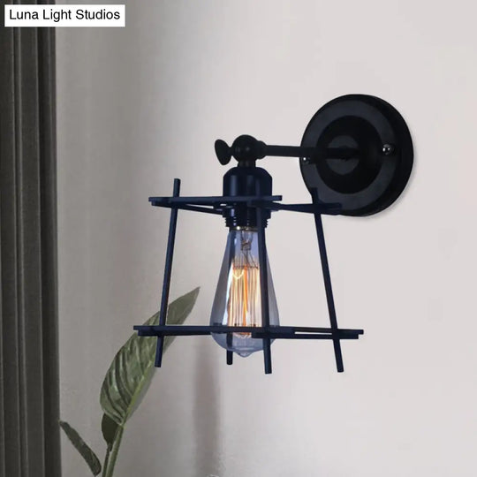 Retro Style Cubic Shade Metal Wall Sconce Lamp - 1 Head Light With Wire Guard In Black For Bedroom