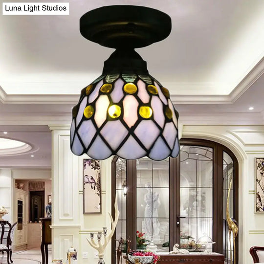 Retro-Style Cup Shade Semi Flush Mount Ceiling Light - Purple/Beige Glass Fixture With Jewel Pattern