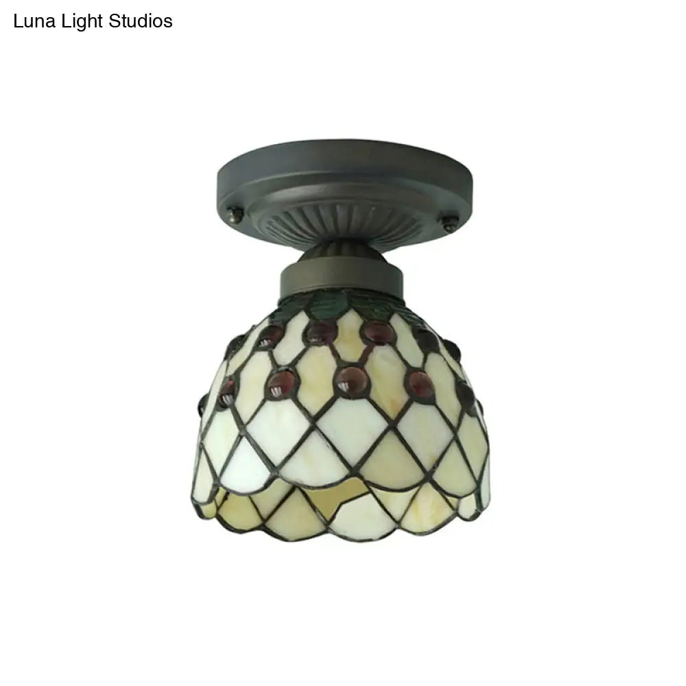 Retro-Style Cup Shade Semi Flush Mount Ceiling Light - Purple/Beige Glass Fixture With Jewel