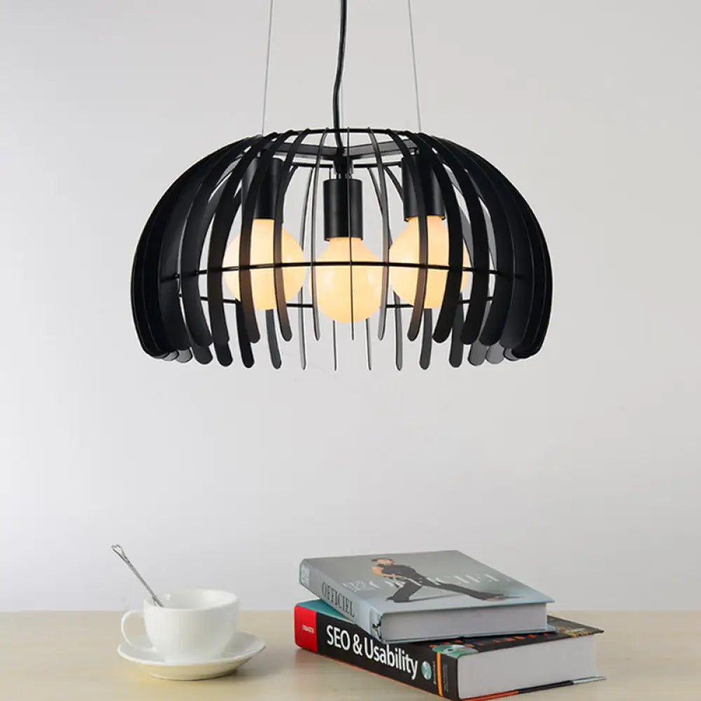 Retro Style Dome Hanging Light With Wire Guard - 3 Bulbs Black Metal Suspension For Dining Room