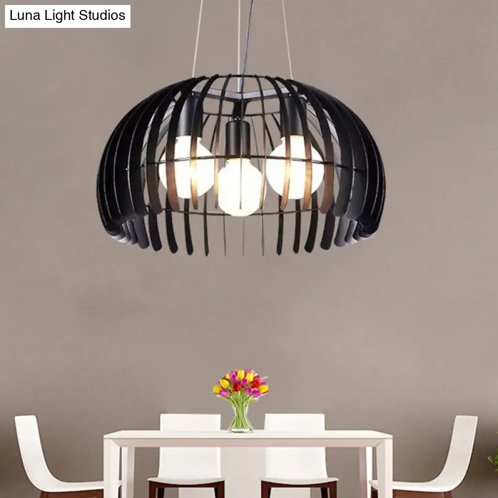 Retro Style Dome Hanging Light With Wire Guard - 3 Bulbs Black Metal Suspension For Dining Room