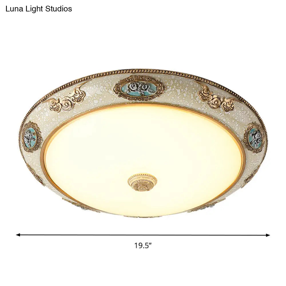 Retro Style Dome Opal Glass Flush Mount Led Bedroom Ceiling Light Fixture - Gold Finish Warm/White