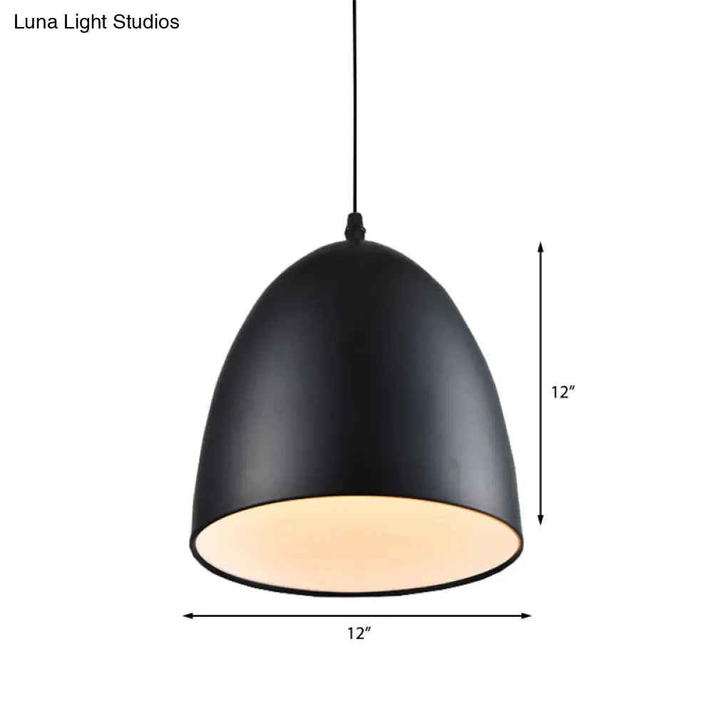 Retro Style Domed Hanging Lamp - 10/12 Inch Wide Metallic Pendant Light Fixture In White/Black For