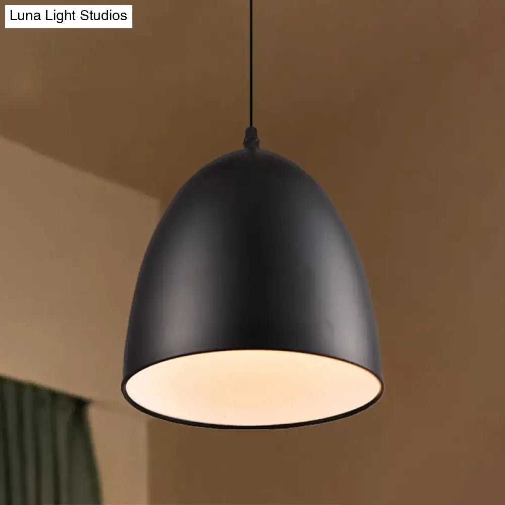 Retro Style Domed Pendant Lamp - 10/12 Inch Wide Metallic Fixture In White/Black For Kitchen