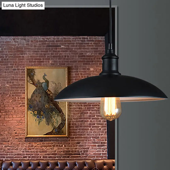 Retro Farmhouse Hanging Pendant Light One-Bulb Ceiling Fixture Metal Bowl Shade 13/16 Width Black /