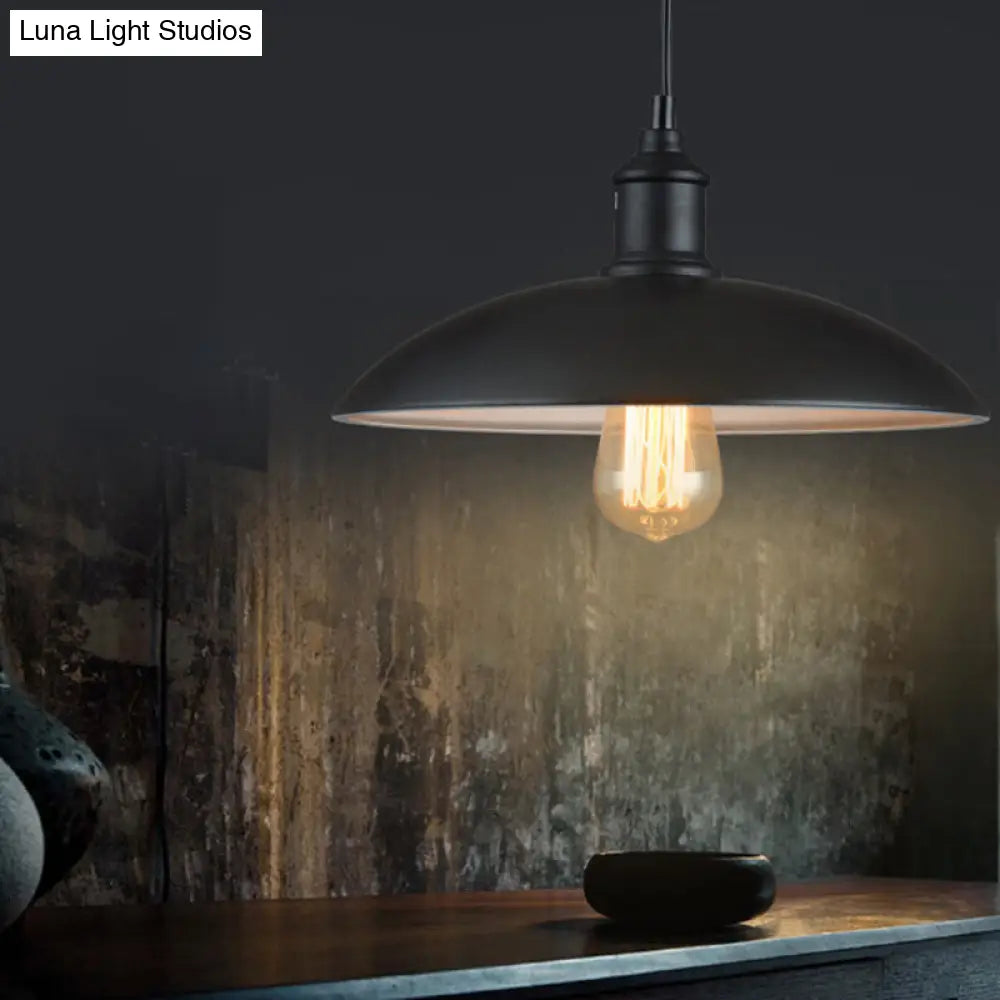 Retro Farmhouse Hanging Pendant Light One-Bulb Ceiling Fixture Metal Bowl Shade 13/16 Width Black