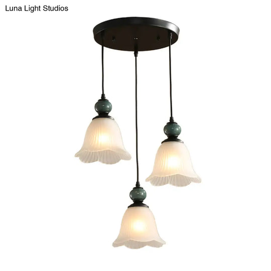 Retro Style Floral Shade Pendant Light Set - 3 Bulbs Ribbed Ruffled Glass Black