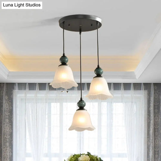 Retro Style Floral Shade Pendant Light Set - 3 Bulbs Ribbed Ruffled Glass Black