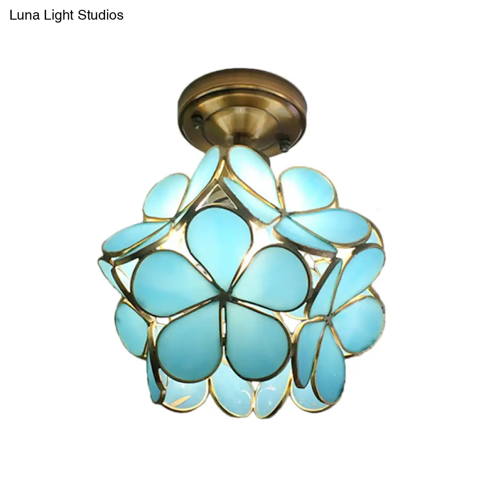 Retro Style Floral Stained Glass Ceiling Light With Pink/Blue/Green/Clear Shades For Hallway