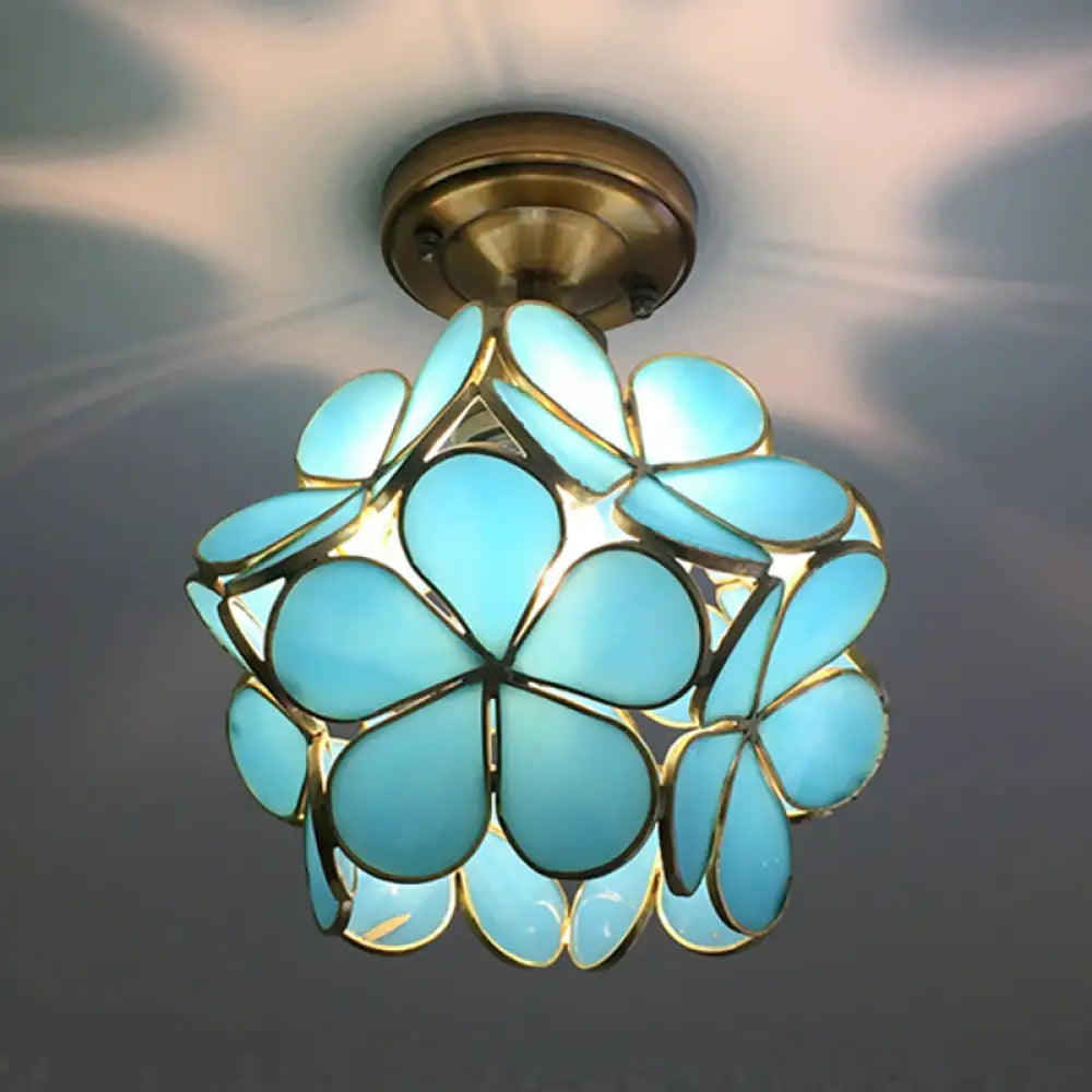 Retro Style Floral Stained Glass Ceiling Light With Pink/Blue/Green/Clear Shades For Hallway