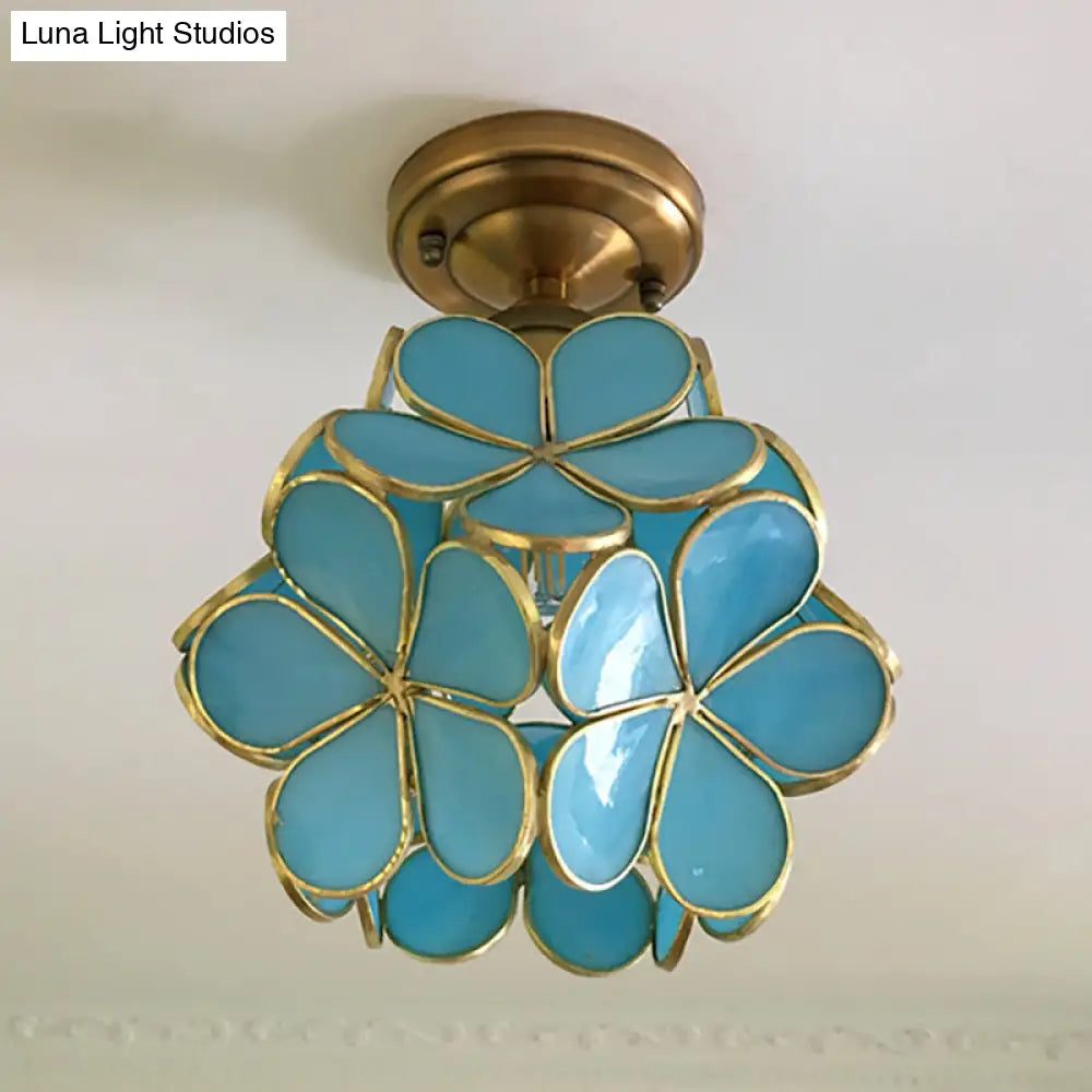 Retro Style Floral Stained Glass Ceiling Light With Pink/Blue/Green/Clear Shades For Hallway