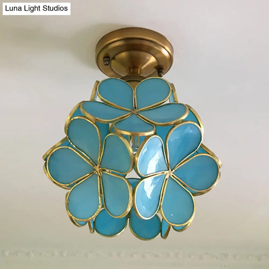 Retro Style Floral Stained Glass Ceiling Light With Pink/Blue/Green/Clear Shades For Hallway