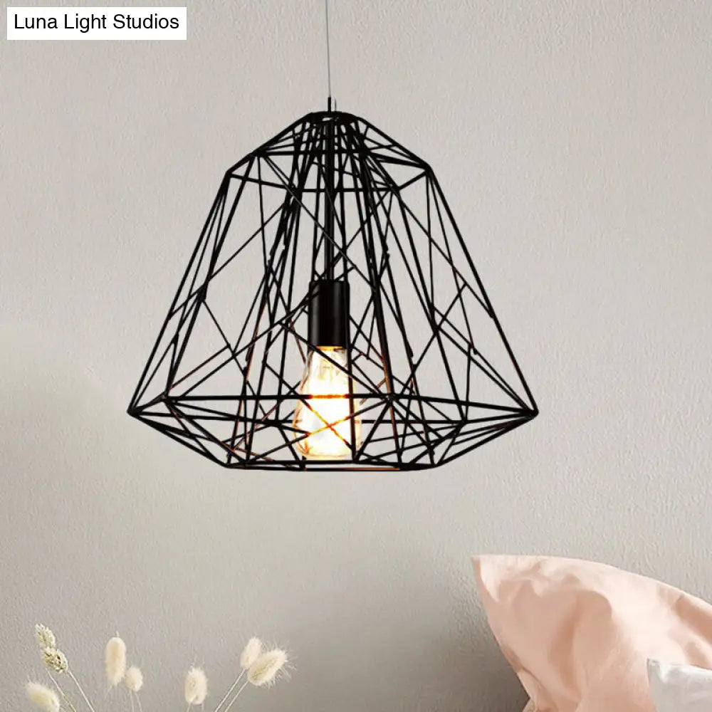 Retro Geometric Cage Ceiling Hanging Light With Metallic Shade In Black/White