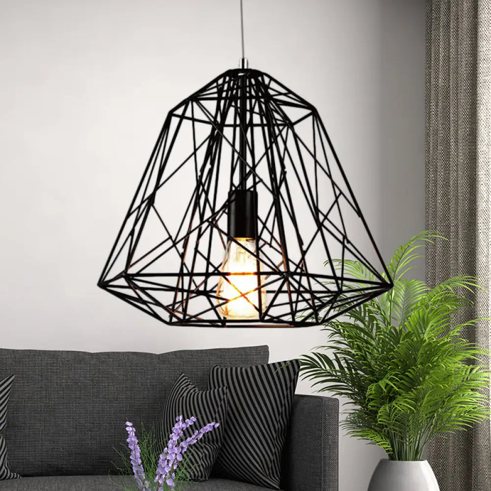Retro Style Geometric Cage Ceiling Hanging Light With Metallic Suspension Lamp In Black/White Black