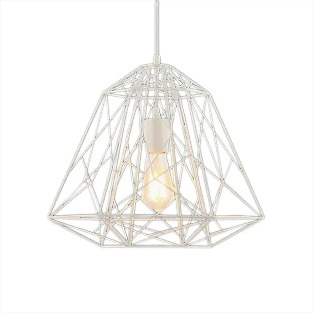 Retro Style Geometric Cage Ceiling Hanging Light With Metallic Suspension Lamp In Black/White White