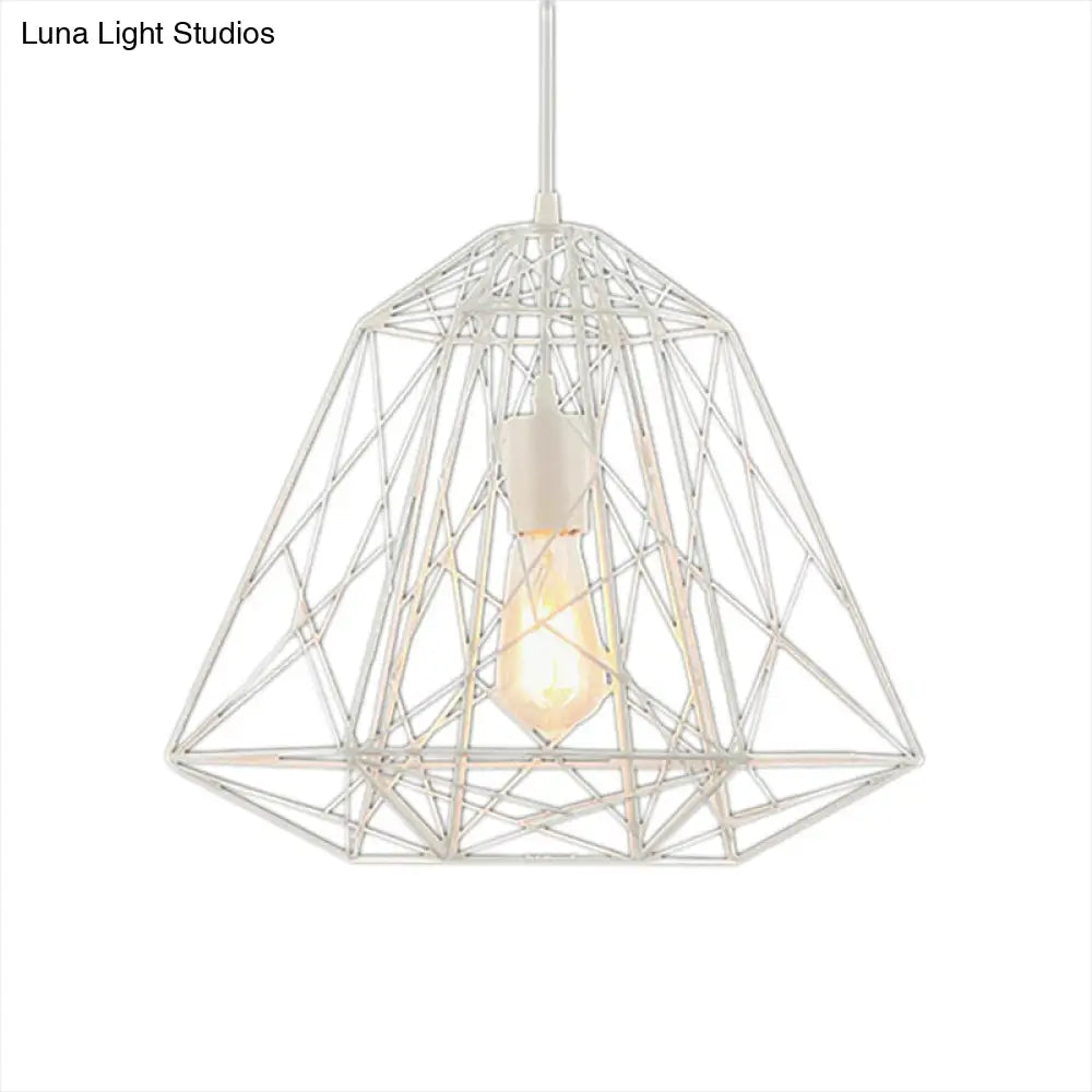 Retro Geometric Cage Ceiling Hanging Light With Metallic Shade In Black/White White