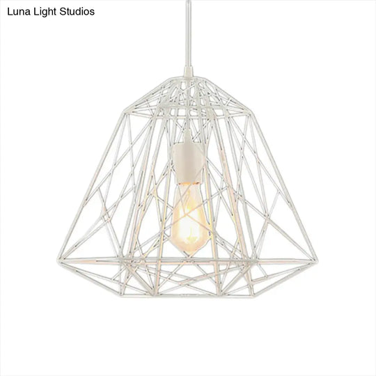Retro Geometric Cage Ceiling Hanging Light With Metallic Shade In Black/White White