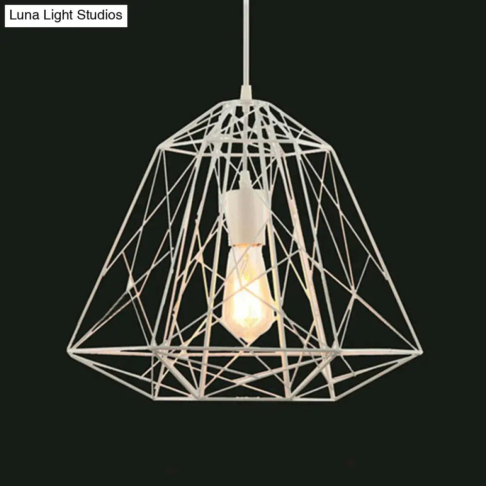 Retro Style Geometric Cage Ceiling Hanging Light With Metallic Suspension Lamp In Black/White