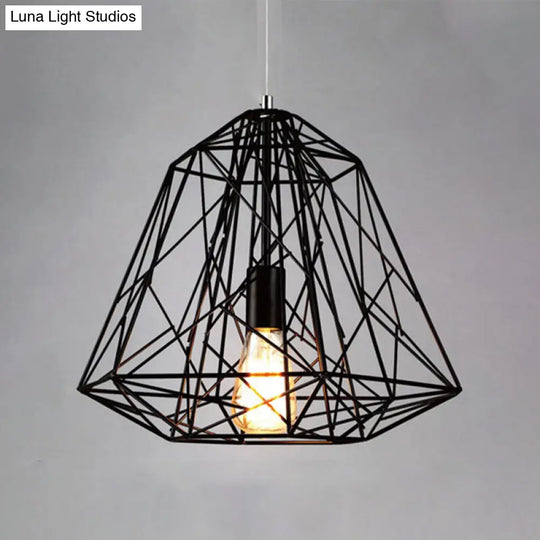 Retro Geometric Cage Ceiling Hanging Light With Metallic Shade In Black/White